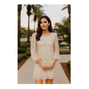 Sail to Sable Dress Womens 10 Ivory Gold Sequin Shift 3/4 Sleeve Holiday Party